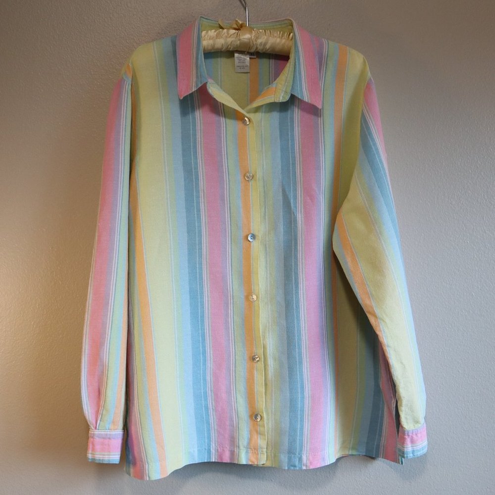 Coldwater Creek Linen Blend Pastel Rainbow Button up Long Sleeve Shirt Size XL